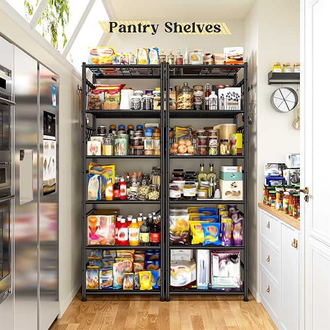 Storage Shelves-6 Tier Metal Shelving Unit with Hooks,Heavy Duty Garage Shelving with Leveling Feet,High Standing Shelf Organizer for Kitchen Pantry Bathroom Dorm,17.7?쓂횞11.8?쒭 횞72.2?쒱,Black