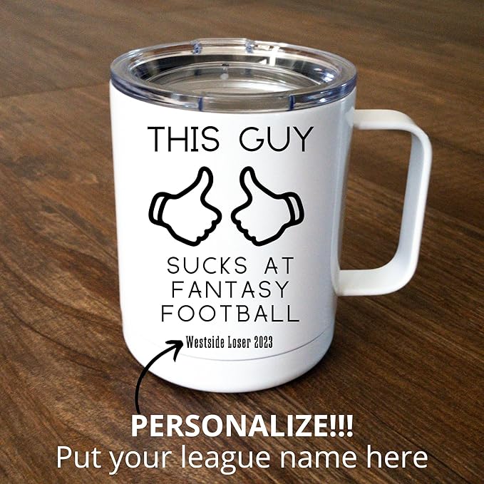 This Guy Sucks at Fantasy Football Mug | Insulated Cup with Lid | Funny Personalized Fantasy Loser Coffee Mug | Last Place Trophy Gif