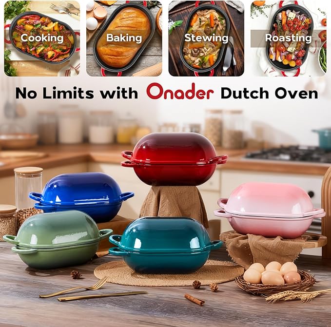 Onader Enameled Cast Iron Dutch Oven, 2.8QT Dutch Oven Pot with Lid for Sourdough Bread Baking, Oval Meatloaf Pan, Heavy Duty - Red