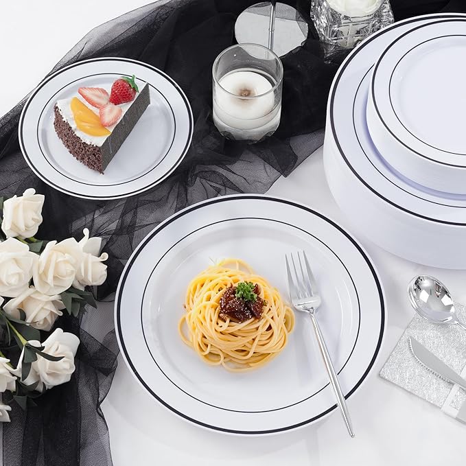 U-QE 100pcs Black Plastic Plates for Party - Black Plates Disposable Heavy Duty - Include 50 10" Dinner and 50 7" Dessert Plate, Fancy Plastic Plate for Party, Wedding, Birthday