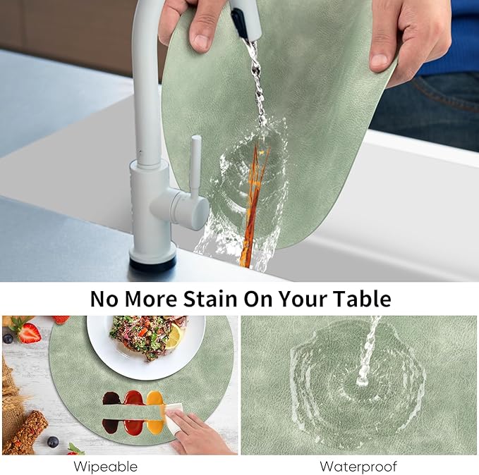 ADRIMER Placemats, Heat Resistant Round Placemats Set of 4 Washable, Waterproof Table Mats, Wipeable Faux Leather Place Mats for Kitchen, Dining Room, Green