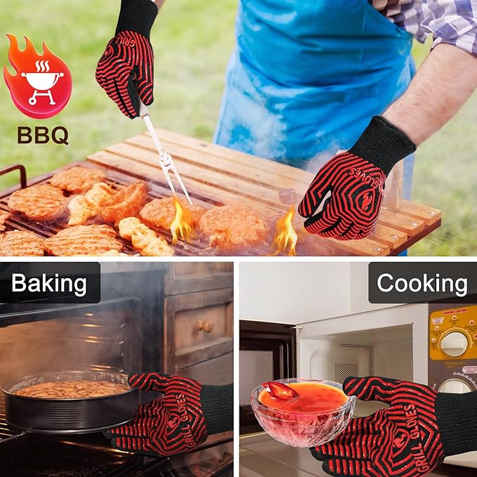 QUWIN BBQ Gloves, BBQ Accessories 1472??Extreme Heat Resistant, Grilling Gloves Silicone Non-Slip Oven Mitts, Kitchen Gloves for BBQ, Grilling, Cooking, Baking-1 Pair 11inch, Red