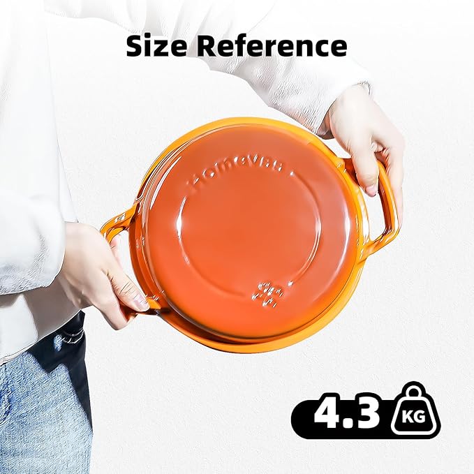 2-in-1 Enameled Cast Iron Braiser Pan with Grill Lid 5-Quart Small Dutch Oven, Non-Stick Cookware Multi Cooker for Bread Baking Cooking Stewing, Suit for All Cooktops, Dual Handles & Oven Safe, Orange