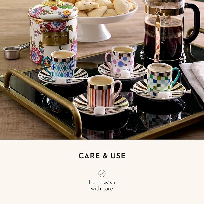 MACKENZIE-CHILDS Sweetheart Espresso Cup and Saucer Set, Cute Porcelain Espresso Cups and Saucers for Coffee, Set of 4
