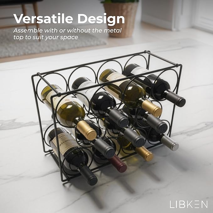 Countertop Wine Rack ??Black Powder Coated Metal Wine Holder, Minimal Scandinavian Design ??Modern Geometric Small Wine Rack for Countertop, Cabinet, or Tabletop Storage, Fits 11 Bottles