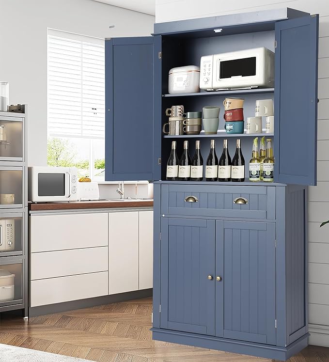 KIGOTY 72" Tall Kitchen Pantry Cabinet with Drawer and 4 Adjustable Shelves, Freestanding Pantry Storage Cabinets, Wood Cupboard Pantry Cabinet for Kitchen, Dining Room, Living Room, Greyish Blue