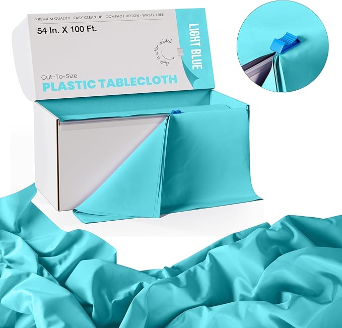 Exquisite Light Blue Plastic 54x100in Table Cover Roll with Built-in Cutter - 100 Feet, Disposable, Waterproof, All-Season, Rectangular