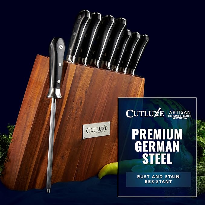 Cutluxe Kitchen Knife Set ??8 Pcs Professional Chef Knife Set with Block ??Razor Sharp Knives with Full Tang Design, High Carbon German Steel, Natural Acacia Wood Block ??Artisan Series