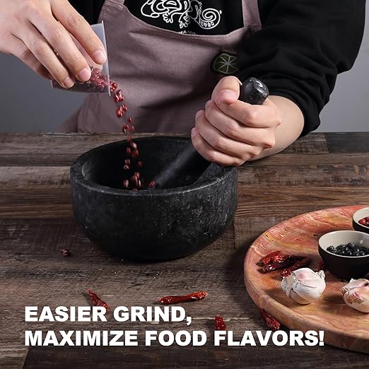 Koville Granite Mortar and Pestle Set, 7"-4 Cups Polished Stone Grinder Bowl for Guacamole, Salsa, Pill Crusher, Spice, Herb, Garlic, Nut, Heavy Duty Grinder for Kitchen