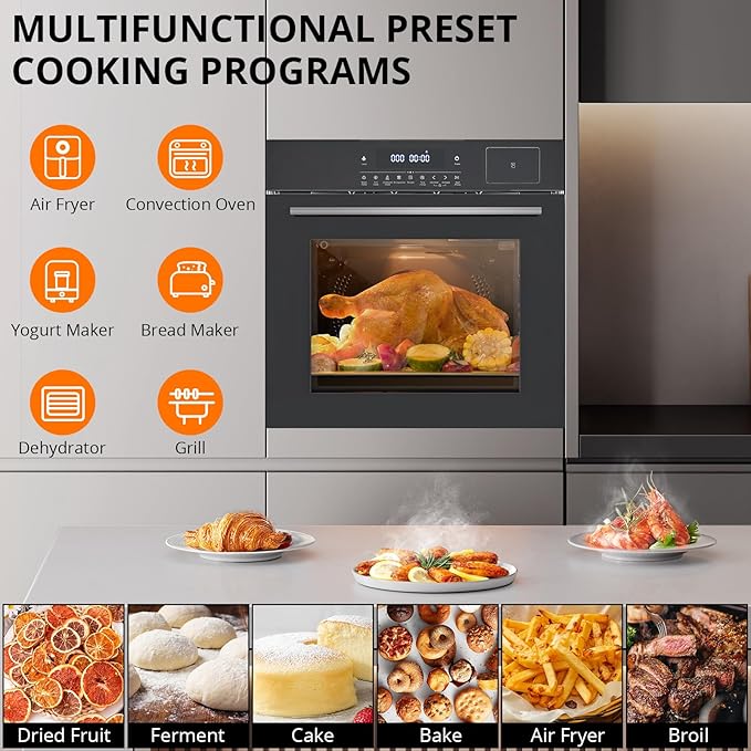 24" Built-in Single Wall Oven, 2.5 Cu.Ft (70L) Capacity - Electric Oven with Steam Bake, Air Fry & 3D Convection, Touch Controls, Timer, Safety Lock, Triple-Layer Glass Door, 3000W 240V, Silver