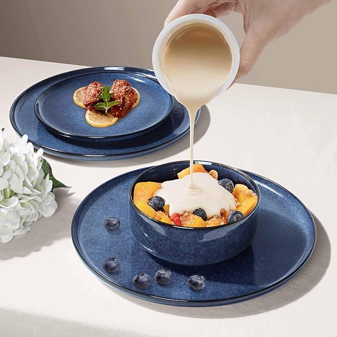 Herogo 6 Pieces Stoneware Dinnerware Sets Service for 2, Dinner Plates and Bowls Sets, Double Reactive Glaze Dishes Set for Kitchen, Scratch Resistant, Microwave & Dishwasher Safe, Starry Blue