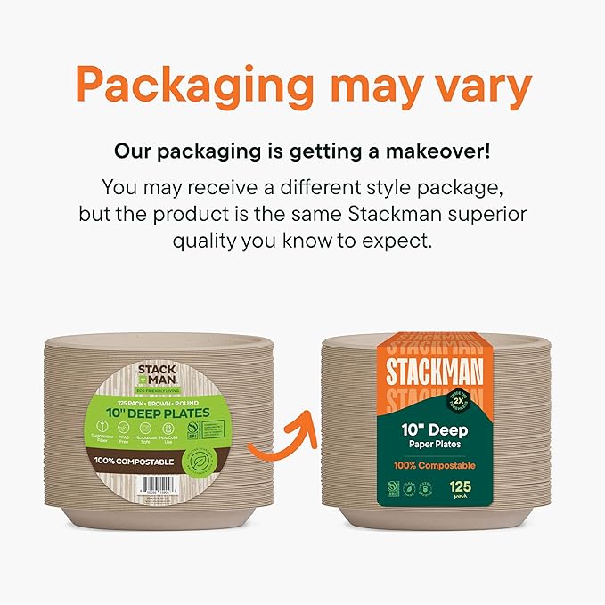 Stack Man Deep Dish Paper Plates, Heavy Duty Disposable Dinner Plates [125-Pack] 10 Inch Plates - 100% Compostable Eco-Friendly, Biodegradable Sugarcane Bagasse, Natural Brown 10" (9" Deep)