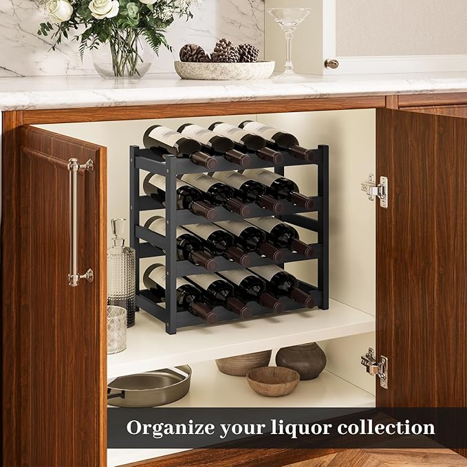 Wine Rack竊똁amboo Wine Storage Cabinet Shelf竊똂ountertop Wine Shelf- Freestanding Wine Holder for Kitchen & Pantry (Black, 4-Tier)