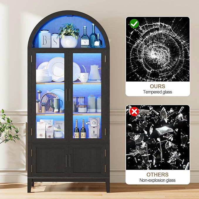 71" Kitchen Pantry Cabinet, Arched Bookcase China Pantry Storage Cabinet with Glass Doors and Shelves, Human Body Sensor, Versatile Cupboard for Kitchen, Living Room, Dining Room (Black)