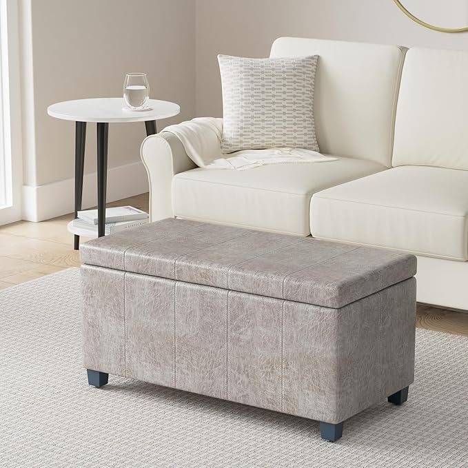 SIMPLIHOME Dover Storage Ottoman Bench - 36 inch Wide Upholstered Vegan Leather Rectangular Lift-Top Ottoman in Distressed Grey Taupe, Contemporary Bench for Living Room with Safety Hinges