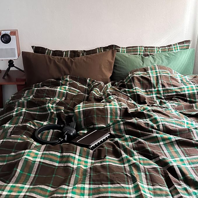 LifeTB Brown Green Plaid Comforter Set Twin XL, Modern Style 3 Pieces Grid Comforter with 2 Pillowcases, Vintage Plaid Checkered Comforter for All Seasons, Breathable Soft Fluffy Gingham Bedding Set