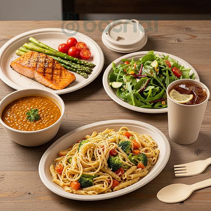 BOSNAL 10 inch & 7 inch Round Plates, 10 inch Oval Plates, 32 oz Bowls & 8 oz Cups with Lidss & Cutlery ??100% Plant-Based Bagasse, Eco-Friendly, Compostable, Microwave Safe, Durable Dinnerware Set