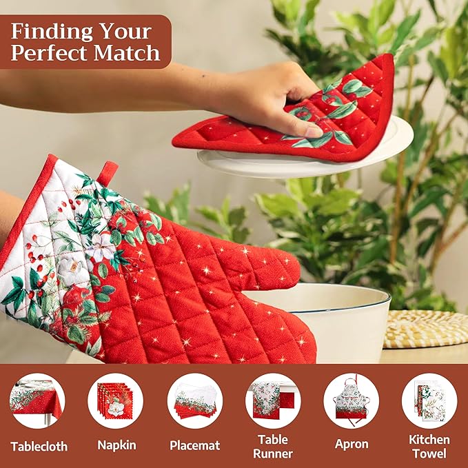 Maison d' Hermine Pot Holders 100% Cotton Heat Resistant Potholders 8" x 8" Hot Pads with Loop for Thanksgiving Christmas Decorations BBQ Cooking Baking Handling Hot Pans (Pack of 1, Noel)