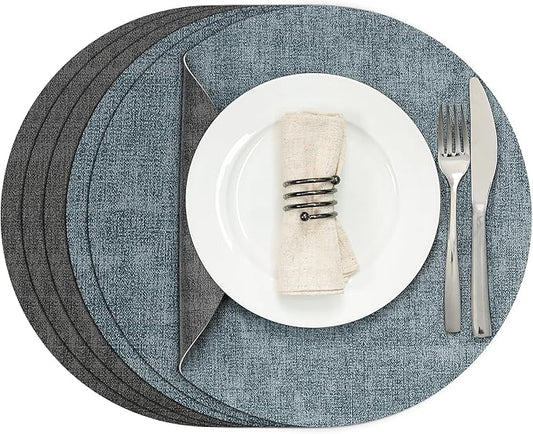 Myir JUN Round Placemats, Dual Sided Faux Leather Place Mats Set of 6 Indoor/Outdoor Non-Slip Washable Table Mats (Gray Light Blue, Set of 6)