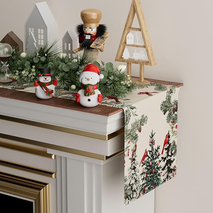 XCHI Cardinal Birds Winter Pine Tree Christmas Xmas Table Runner Table Decoration for Home Kitchen Dining Holiday Decor 13x48 Inch