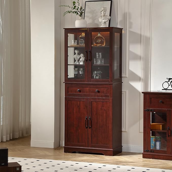 71'' Tall Pantry Cabinet with Glass Doors,Modern Kitchen Pantry Cabinet with 3 Adjustable Shelves and a Drawer, LED for Better Showcase,for Dining Room and Kitchen,Wine Red