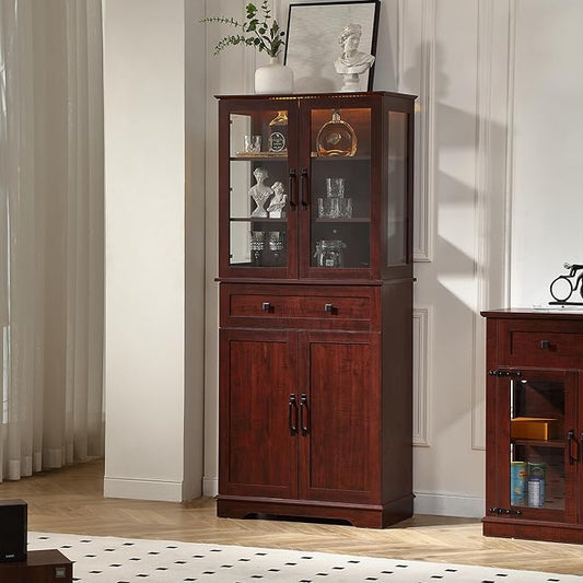 71'' Tall Pantry Cabinet with Glass Doors,Modern Kitchen Pantry Cabinet with 3 Adjustable Shelves and a Drawer, LED for Better Showcase,for Dining Room and Kitchen,Wine Red