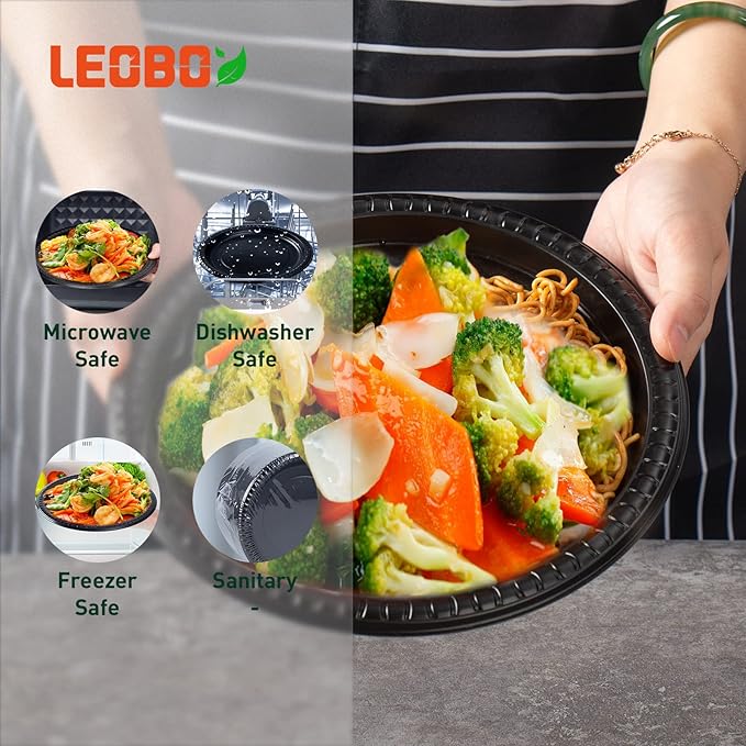 Disposable Plates Mineral Filled PP 9 Inch - 150 Pack Shrink Wrap BPA Free Party Trays | Reusable Dishwasher Freezer & Microwave Safe | Heavy Duty Black Plastic Plate for Party Bulk Catering