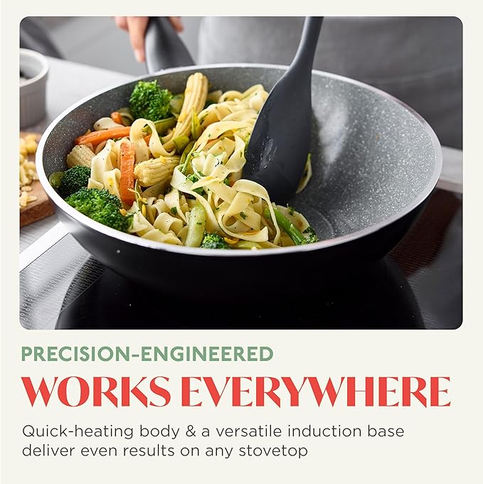 Rigoletto 11??Nonstick Wok Pan, Made in Italy, Layered Ceramic PFAS-Free Surface, Induction Ready Skillet, Dishwasher & Metal Utensil Safe, Granite Finish, Stay-Cool Handle, Black