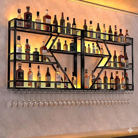 Liquor Bottles Bar Shelves Wall,Metal Bar Shelves Wall Mounted,Wall Mounted Wine Rack with LED Light with Glasses Holder, for Dining Room Home Cellar Industrial Iron Frame for Kitchen (Black, 79in)