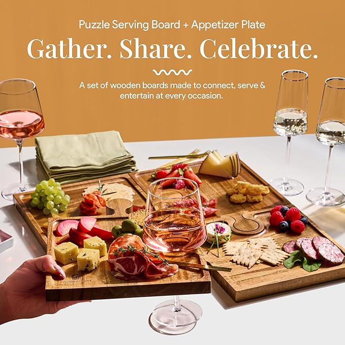 Wooden Charcuterie Boards, Appetizer Tray for Parties & Cutting Board with Handle, Set of 4, Acacia Wood Board, Wine Gifts, Wine Accessories, Interlocking Puzzle Serving Tray w/Storage Box
