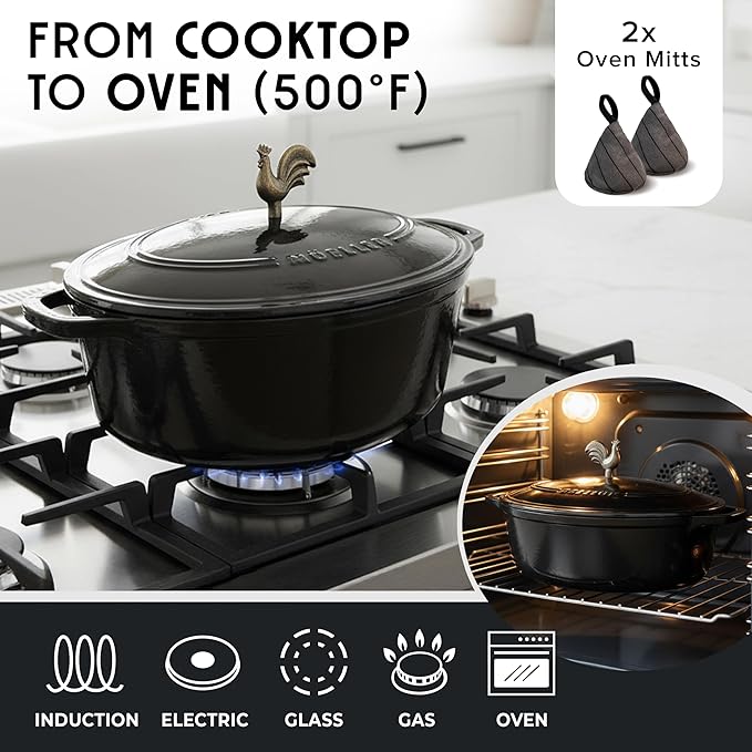 MUELLER HOME 5.5 Quart Enameled Cast Iron Oval Dutch Oven with Rooster Knob & Cotton Potholders, Heavy-Duty Cookware, Oven-Safe up to 500째 F & Across All Cooktops, Gifts for Grandma & Women, Black