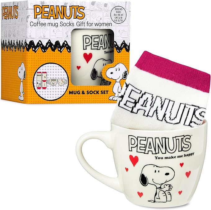 Get Trend Peanuts Snoopy Coffee Mug and Socks Set, 11.5 oz Ceramic Cup with Soft Crew Socks, Woodstock, Christmas, Secret Santa Gifts for Women (Pink Snoopy)