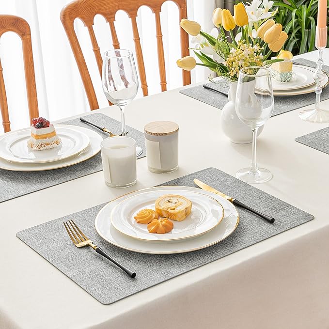 Romanstile Vinyl Placemats Set of 4-12 X 17 Inch - Heat Resistant Place Mats 100% Waterproof Oilproof Wipeable Reversible Faux Leather Table Mats for Kitchen, Dining, Party, Outdoor, Light Grey
