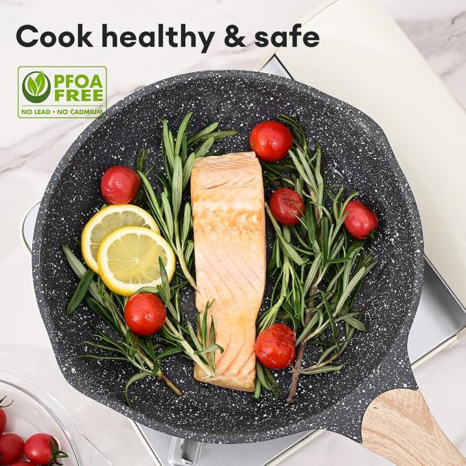 JEETEE 10 Inch Nonstick Frying Pan, Stone Coating Cookware, Nonstick Omelette Pan with Heat-Resistant Handle, Compatible with All Stoves (Grey)