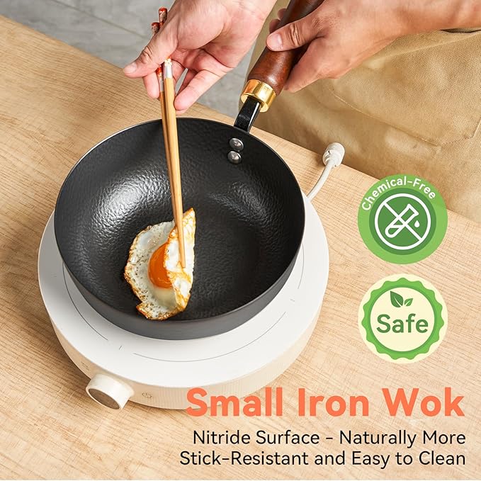 WANGYUANJI 8 Inch Hammered Iron Stir Fry Pan for 1?? Servings, Removable Beechwood Handle, Traditional Small Wok for Searing, Saut챕ing, Stir-Frying ??Non-Coated, Stovetop Compatible
