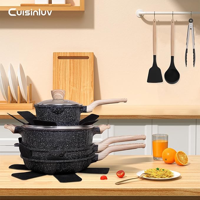 Pots and Pans Set Non Stick, 13Pcs Kitchen Cookware Sets, Granite Stone Induction Cookware Non Stick Cooking Set w/Frying Pans, Saucepans, Saut챕 Pan (PFOA Free), Black