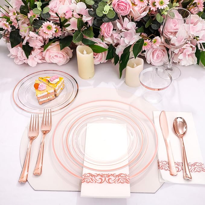DaYammi 350Pcs Rose Gold Dinnerware Set Include: 50 Dinner Plates 10.25?쇺?50 Dessert Plates 7.5?쇺?50 Rose Gold Cutlery,50 Disposable Cups 9 OZ with 50 Napkins for Party
