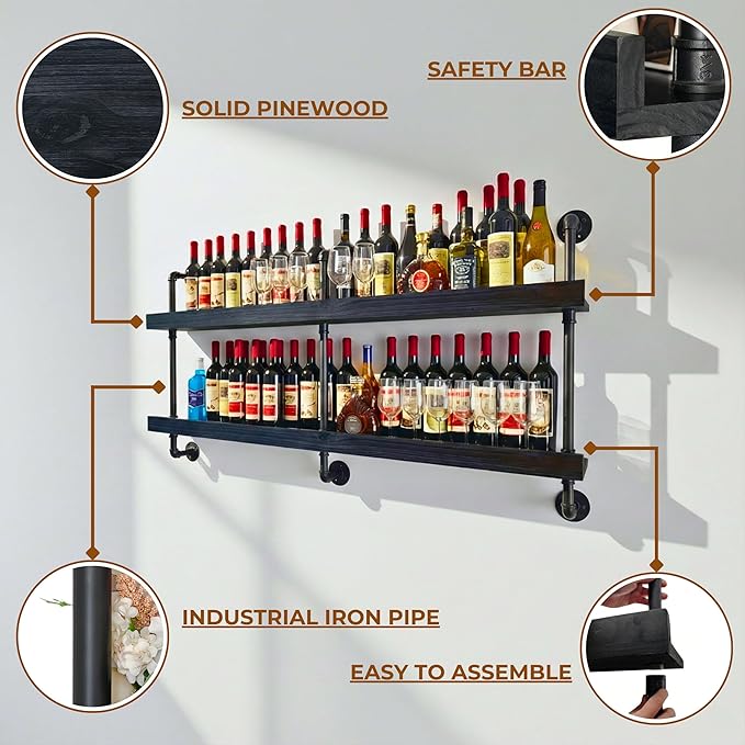 Industrial Wine Rack Wall Mounted, Solid Wood Shelf with Metal Pipe Brackets, 2-Tier Rustic Hanging Organizer for Wine Bottle Storage in Kitchen, Bar, Pub, Cellar(Black, 60 Inch)