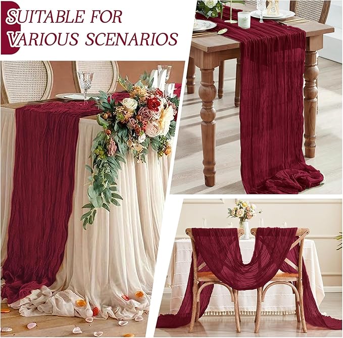 RealBox 6 Pack Burgundy Cheesecloth Table Runner 17x108 Inch Semi Sheer Boho Gauze Cheese Cloth Fabric Table Runners Table Decor for Wedding Party Baby Shower Birthday Home Decor Garden Farmhouse