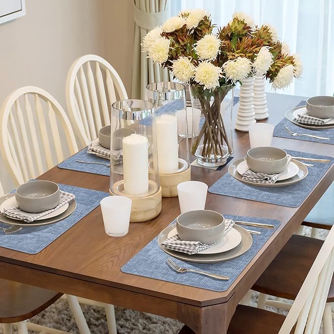 Maxpearl Faux Leather Placemats Set of 4, Waterproof - Wipe Clean - Heat Resistant - Anti Slip Dining Table Place Mats, Suitable for Indoor & Outdoor Use, 17?쇺쇒?2?쇺? Blue