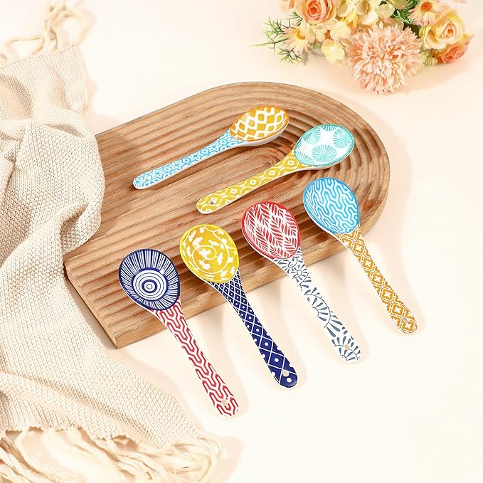 Selamica Ceramic Soup Spoons, 6.2 Inch Small Serving Spoons for Cereal, Yogurt, Dips, Ice Cream, Spoon Set of 6, Dishwasher & Microwave Safe, Assorted Colors