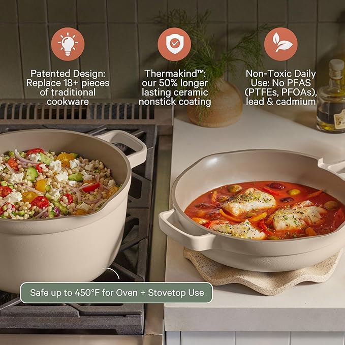 Our Place Cookware Duo | 7-Piece Ceramic Cookware Set with 10.5" Always Pan 2.0, 5.5 Qt Perfect Pot & Strainer Basket | Induction & Oven Safe up to 450째F | Nonstick, Non-Toxic Cookware | Spice