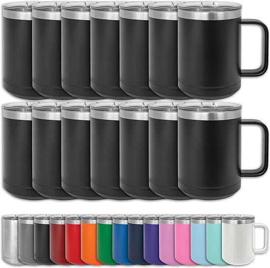 Clear Water Home Goods - (Bulk Pack of 12-15 oz Double Wall Coffee Mug with Lid and Handle, Double Insulated Stainless Steel Travel Tumbler Cup - Powder Coated - Black