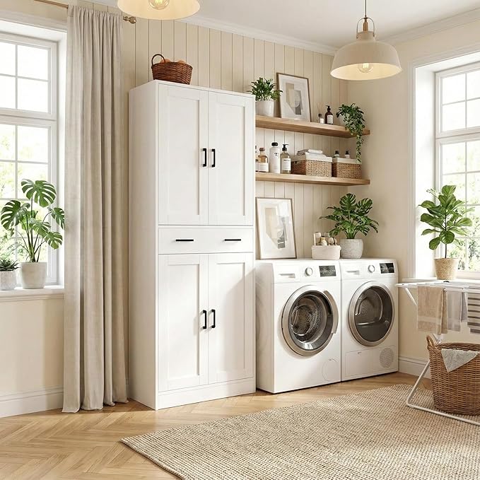 71" Tall Kitchen Pantry Cabinet, Freestanding Storage Cabinet with Drawer and 4 Doors, Large White Utility Floor Cupboard with Adjustable Shelves for Dining Room, Bathroom, Home Office