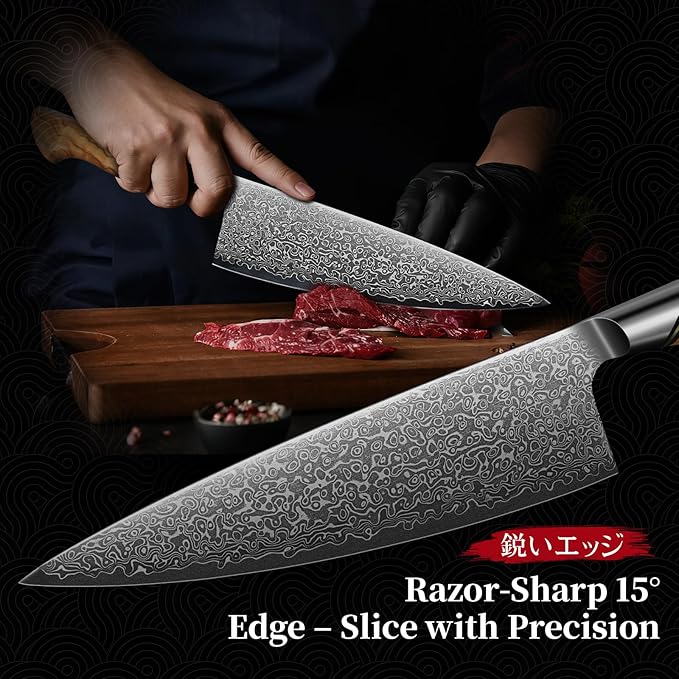 TIVOLI Damascus Chef Knife ??Japanese VG-10 Professional Kitchen Knife for Meat and Vegetables with Ergonomic Olive Wood Handle, Gift Box Included, Ideal Gift for Dad & Mom