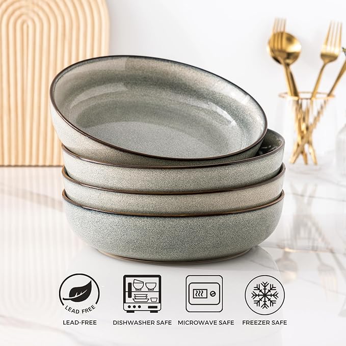 GBHOME 8.75'' Large Ceramic Pasta Bowls, 38oz Stoneware Pasta Serving Bowls Set of 4 for Kitchen, Wide Bowls for Fruit,Pasta,Salad,Oatmeal,Meal, Microwave Safe, Reactive Glaze-Green Wheat