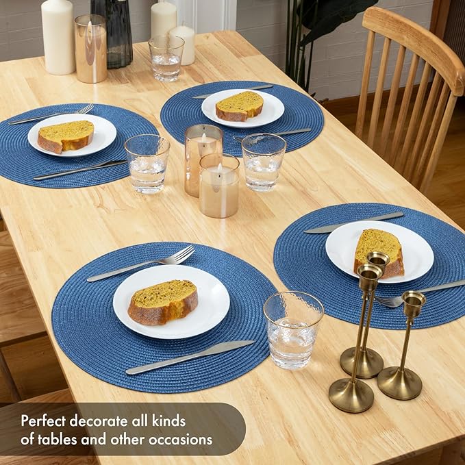 Winknowl Round Braided Placemats Set of 6 Washable Woven Heat Resistant Table Mats for Kitchen Dining Tables 15 inch Round Place Mats (Blue,6pcs)