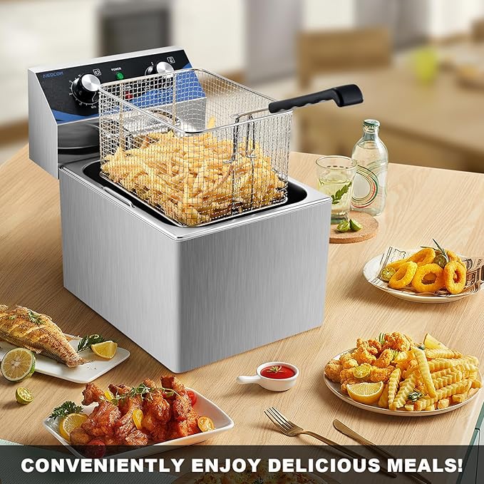 8L/8.45QT Stainless Steel Electric Deep Fryer with Basket & Lid, Single Tank Countertop Kitchen Frying Machine with Timer for Home Kitchen, Restaurant, Delis, 1800 Watts 110V