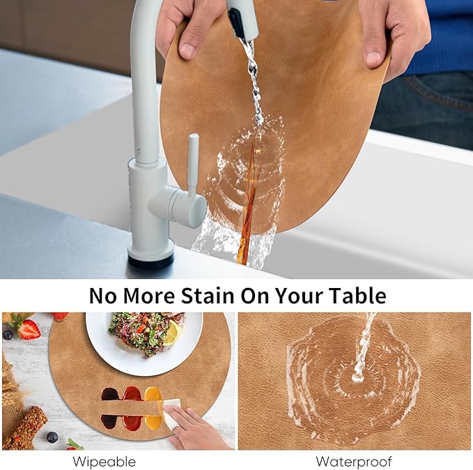 ADRIMER Placemats, Heat Resistant Round Placemats Set of 6 Washable, Waterproof Table Mats, Wipeable Faux Leather Place Mats for Kitchen, Dining Room, Camel