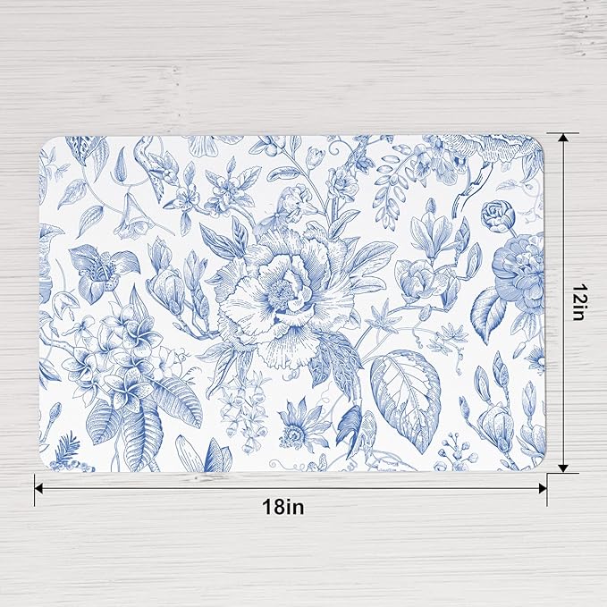QIYI Placemats Set of 6, 12x18 Inch Faux Leather Place Mats for Kitchen Dinning, Heat Resistant Anti Slip Floral Table Mats, Waterproof Wipeable Washable Placemat Party Table D챕cor, Blue Flowers